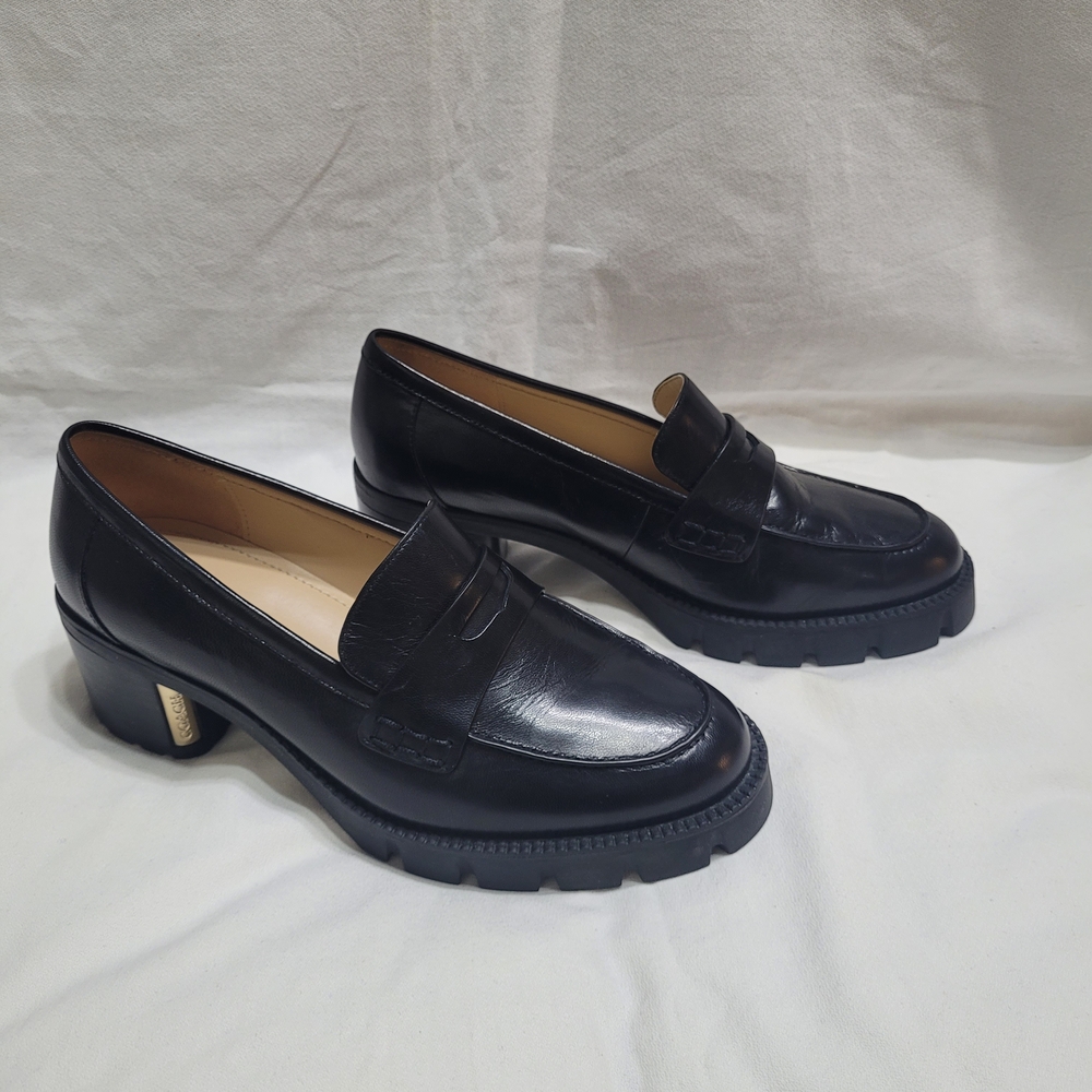 Coach Black Leather Lug Sole Penny Loafers